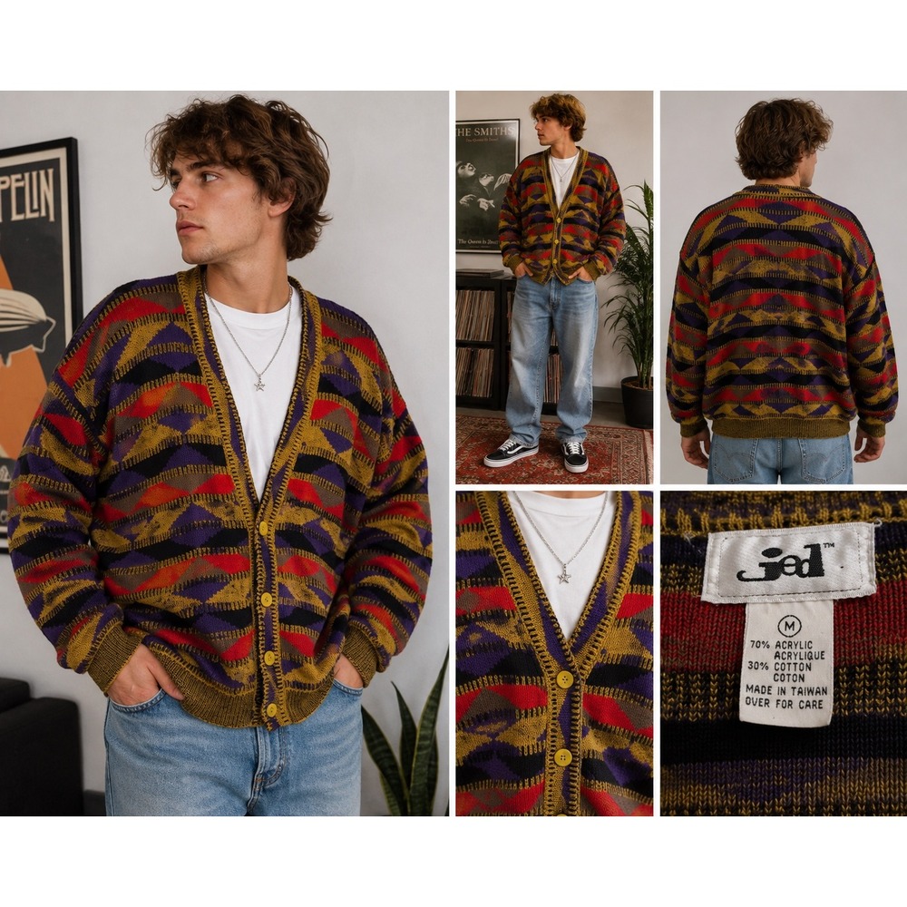 Vintage Jed Mens Geometric Knit Cardigan Sweater Purple Red Olive Green Medium
